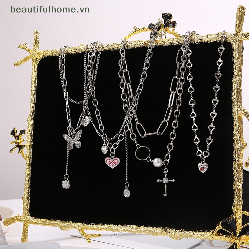 [beautifulhome] Ins net red Vòng cổ Hai Lớp Chuỗi Ngọc Trai Mặt Thánh Giá Và Bướm Trái Tim Nhỏ [Người Đẹp]