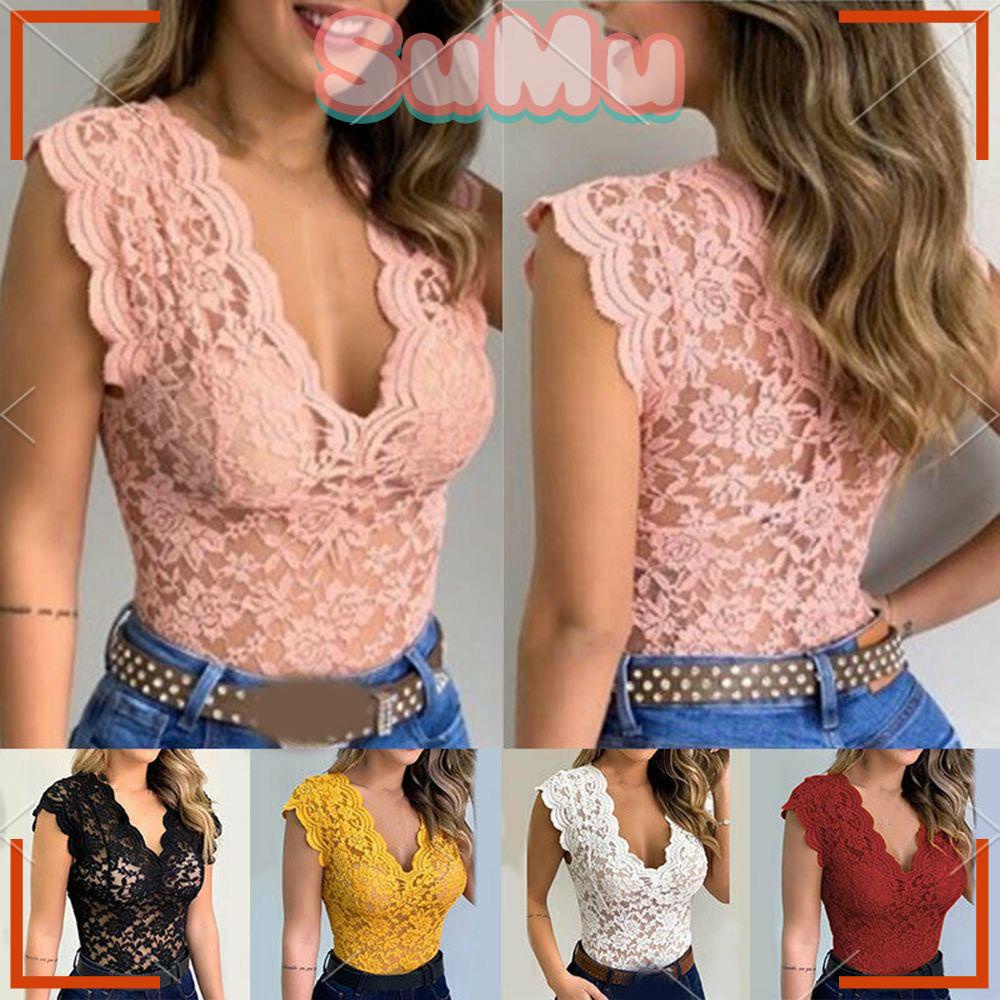 Áo Thun Sát Nách Dáng Ôm Phối Ren Quyến Rũ Cho Nữ