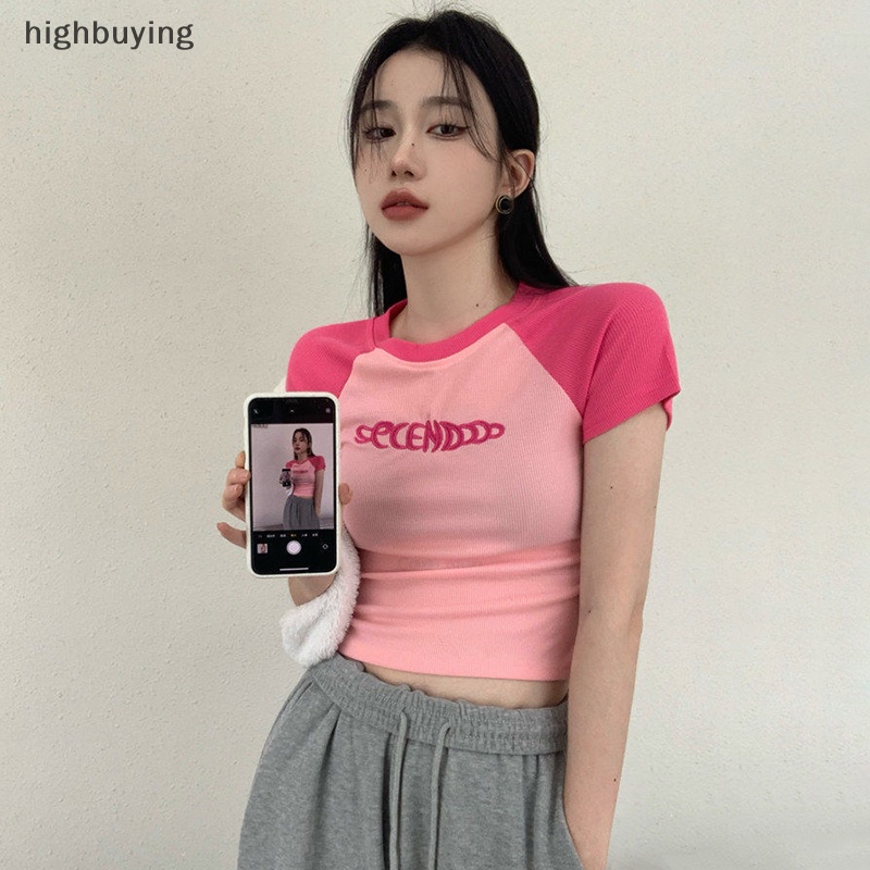 Áo Thun Lửng Ngắn Tay Thêu Chữ Cá Tính Cho Nữ