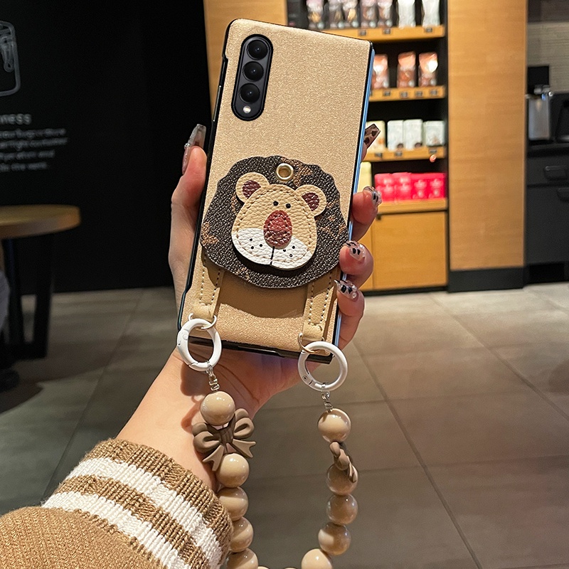 Bao Da Điện Thoại Hình Sư Tử Đính Hạt Vàng Sang Trọng Cho samsung galaxy z fold 5 4 3 2 5g Ốp