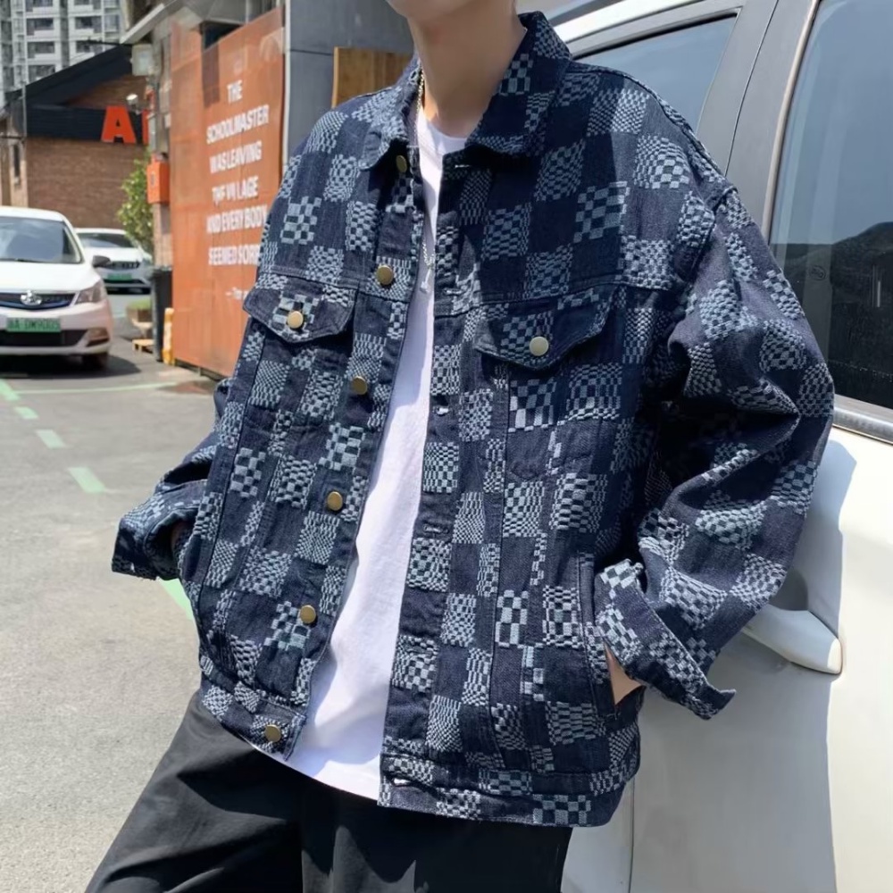 Áo Khoác Denim Dáng Rộng Họa Tiết Kẻ Ô Đen Phong Cách Retro Nhật Bản Cho Nam Giới