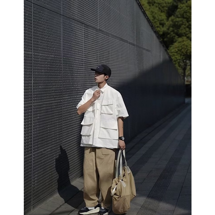 Áo Sơ Mi Ngắn Tay Dáng Rộng Nhiều Túi Màu Sắc Thời Trang Mùa Hè Nhật Bản Dành Cho Nam