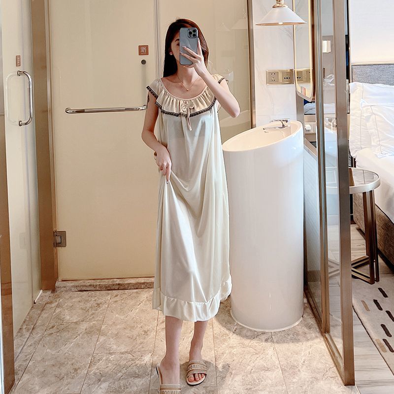 Đầm Ngủ Dáng Dài Bằng Lụa Lạnh Mỏng Phối Ren Phong Cách Thời Trang Mới 2023