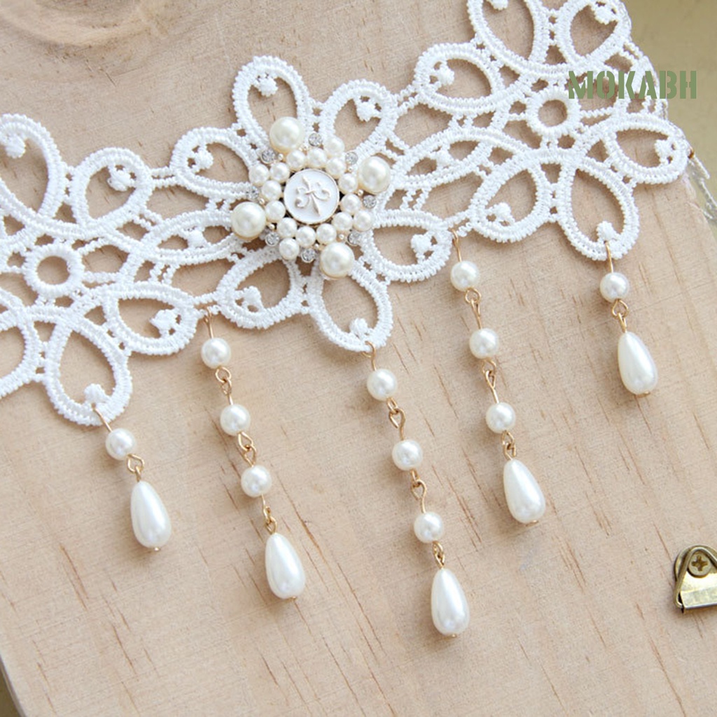 [Mokabh] Vòng Cổ Choker Ren Trắng Đính Ngọc Trai Giả Thanh Lịch Có Thể Điều Chỉnh Trang Sức Cưới Dành Cho Nữ