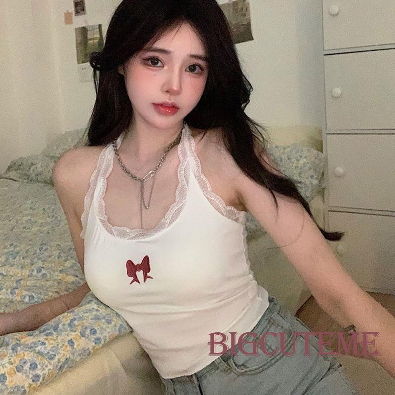 [] - Áo Croptop Không Tay Hở Lưng Ôm Dáng Thêu Ren Thắt Nơ Thời Trang Đường Phố Mùa Hè Màu Trắng Dành Cho Nữ