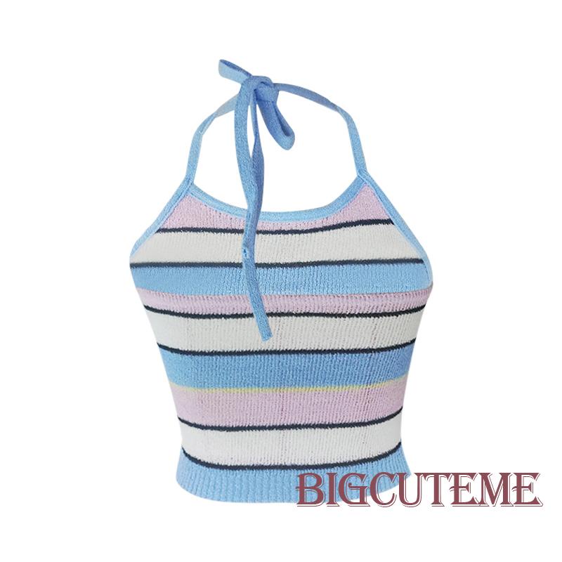 [] - Áo Croptop Dệt Kim Không Tay Kẻ Sọc Nhiều Màu Sắc Mùa Hè Cho Nữ