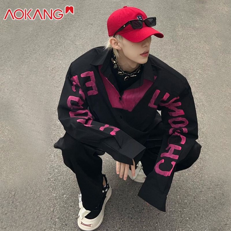 Aokang Áo Sơ Mi Dài Tay Phối Màu graffiti Phong Cách Mỹ Cổ Điển Thời Trang Cho Nam