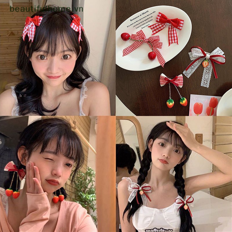 1 Cặp Kẹp Tóc Nơ Vải Ren Hai Lớp Hình Quả Cherry Đỏ Phong Cách Lolita