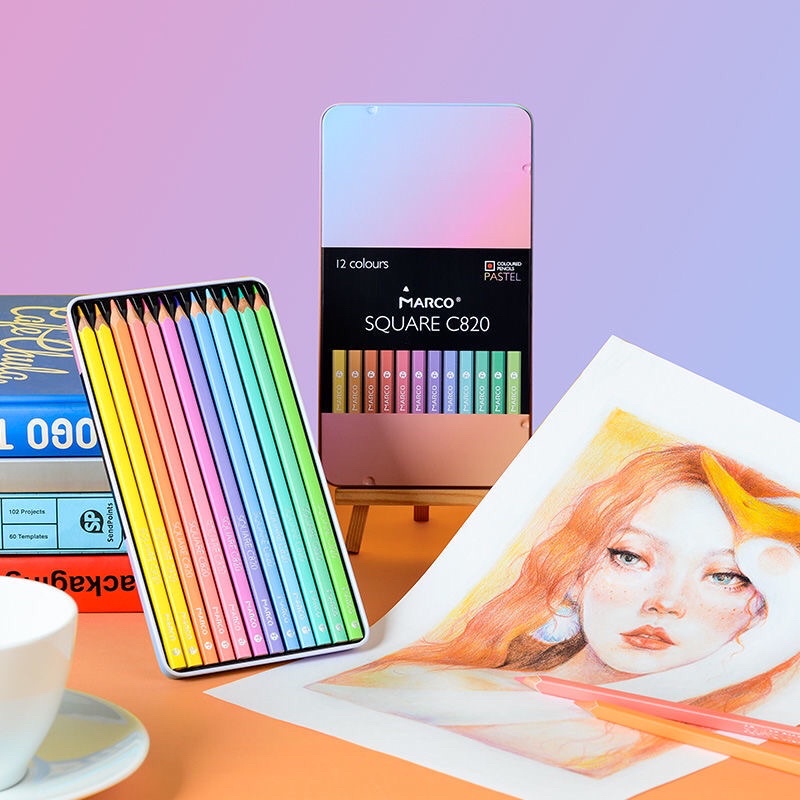 Bộ 12/24 màu chì hộp thiếc tông pastel marco