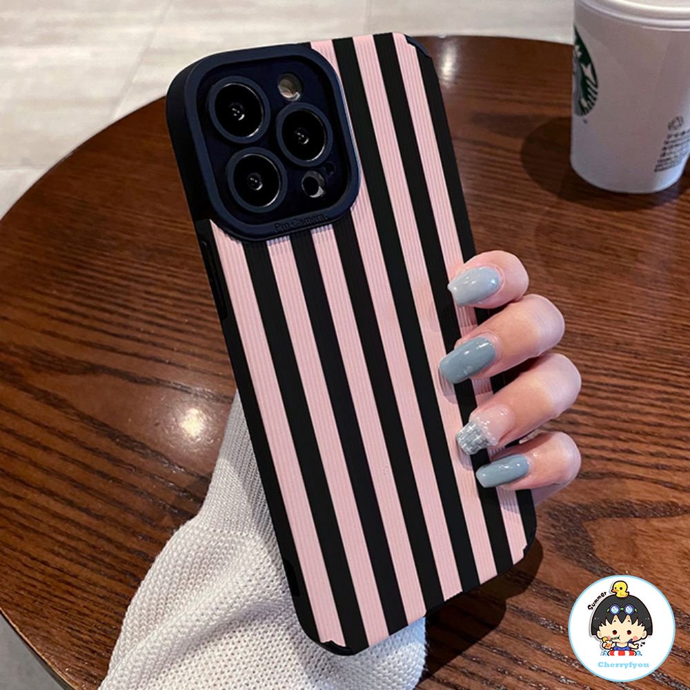 Ốp Điện Thoại Da Giả + TPU Kẻ Sọc Màu Hồng Thời Trang Cho IPhone 14 13 12 11 Pro Max X XR 8 7 Plus SE