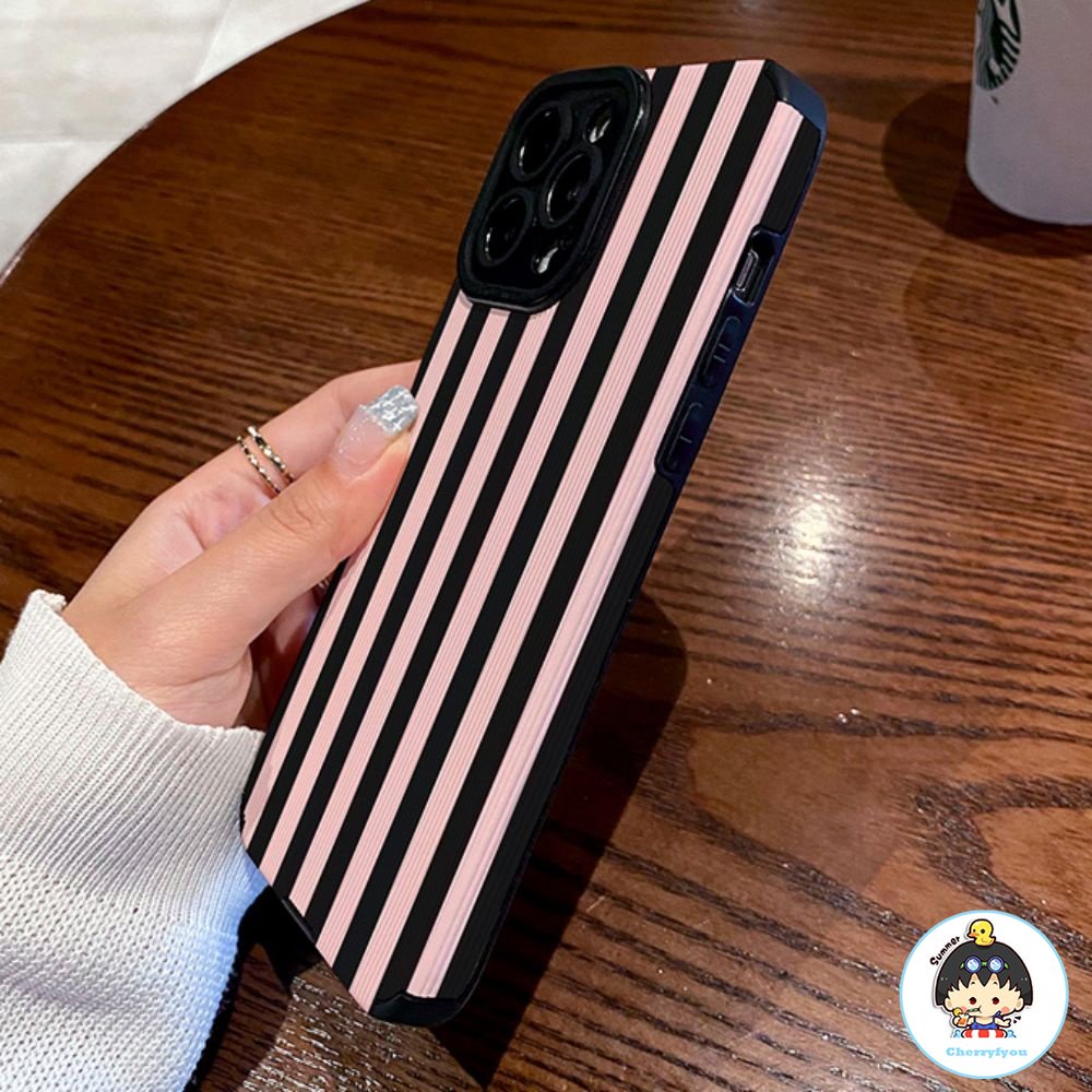 Ốp Điện Thoại Da Giả + TPU Kẻ Sọc Màu Hồng Thời Trang Cho IPhone 14 13 12 11 Pro Max X XR 8 7 Plus SE