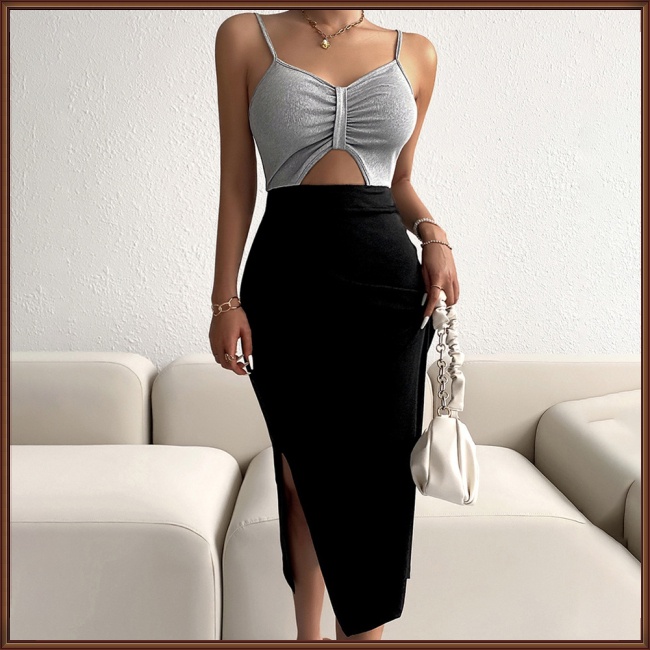 Đầm Lửng Không Tay Cổ Chữ V Lưng Cao Màu Sắc Tương Phản Thời Trang Mùa Hè Dành Cho Nữ