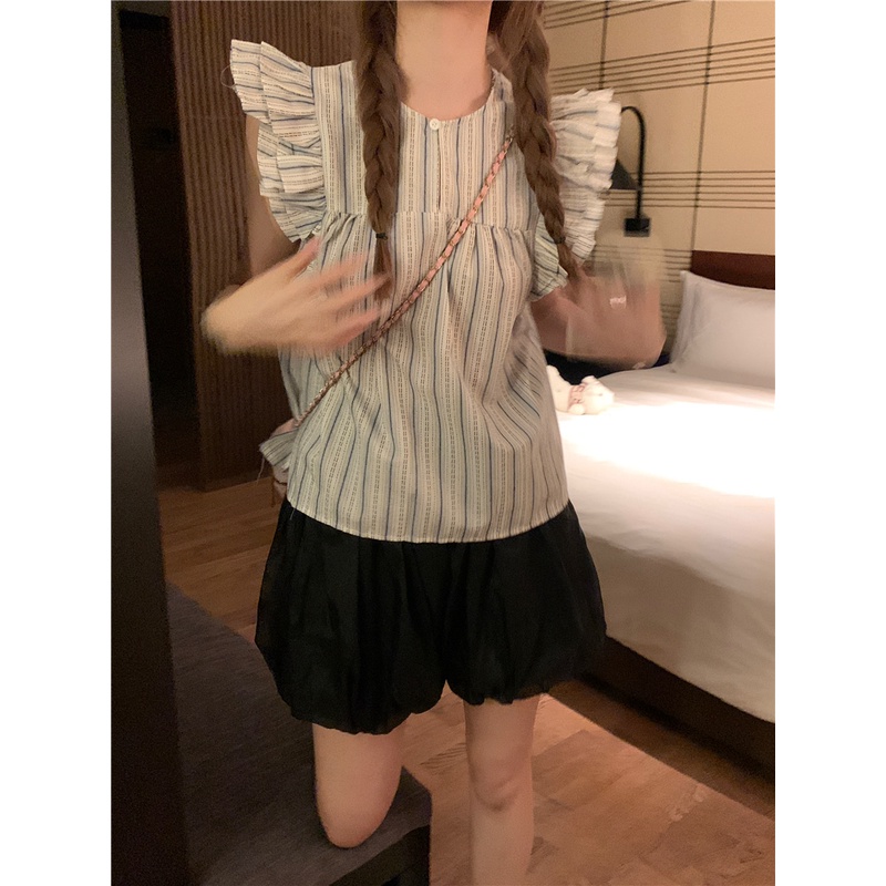 SUXI Áo Sơ Mi Tay Cánh Tiên Dáng Rộng Họa Tiết Kẻ Sọc Phong Cách Vintage Hàn Quốc