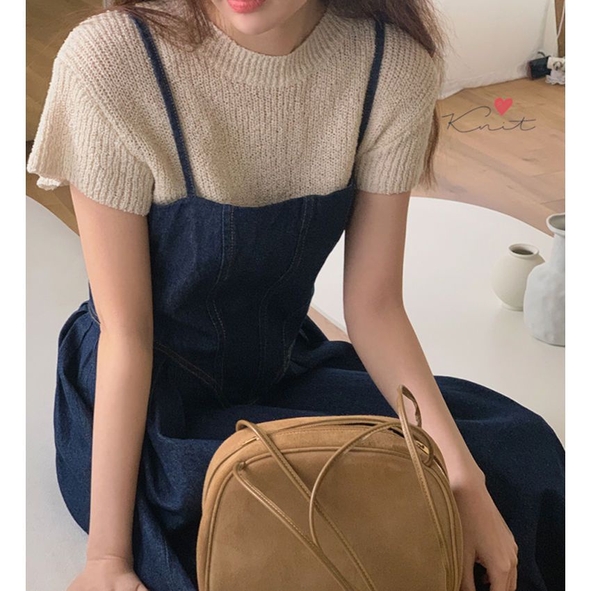 Bộ Áo Dệt Kim + Váy Yếm Denim Lưng Cao Thời Trang Mùa Hè Hàng Mới 2023 Dành Cho Bạn Nữ