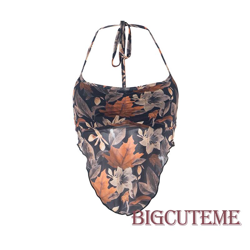 [] - Áo Croptop Không Tay Hở Lưng Cột Dây Ôm Dáng Họa Tiết Hoa Thời Trang Mùa Hè Đường Phố Cho Nữ