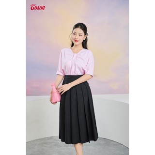 Áo thô nhuyễn hồng pastel, form rộng ngực xếp cách điệu nơ Toson 14011P63