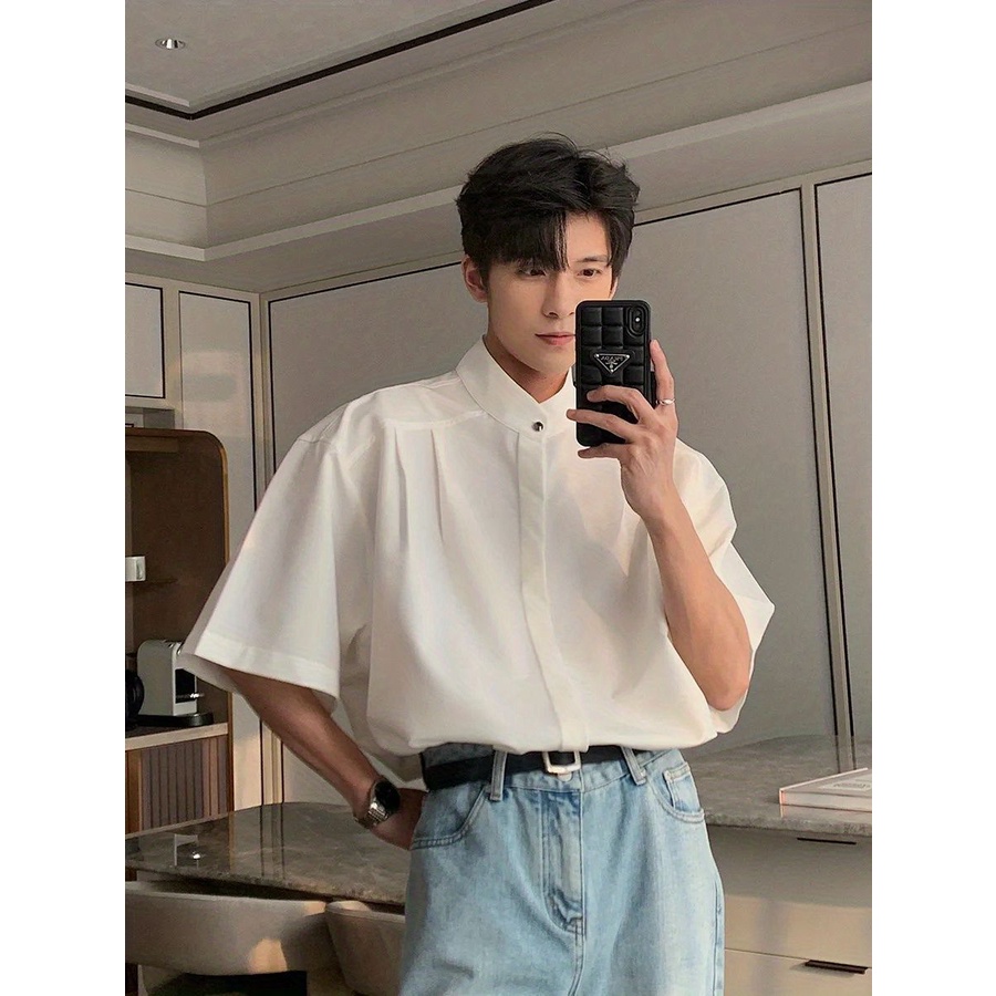 Áo Sơ Mi Tay Ngắn Cổ Đứng Dáng Rộng Phong Cách Đường Phố Thời Trang Mùa Hè Cho Nam