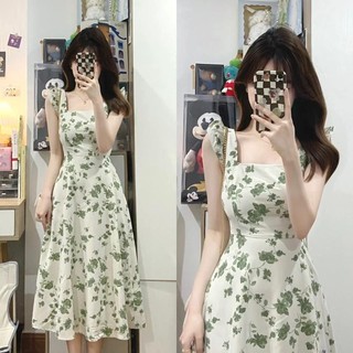 (HÀNG SẴN) D122340 Váy dài cổ vuông tay cánh tiên họa tiết lá xanh