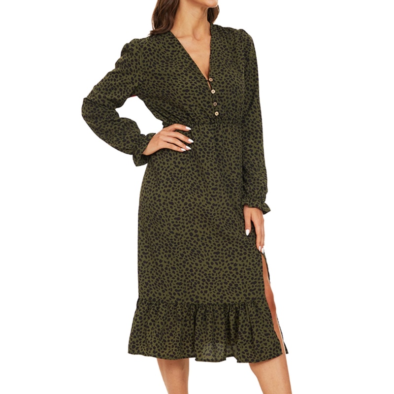 Đầm Midi Dài Tay Cổ Chữ V Eo Cao Thời Trang Cho Nữ