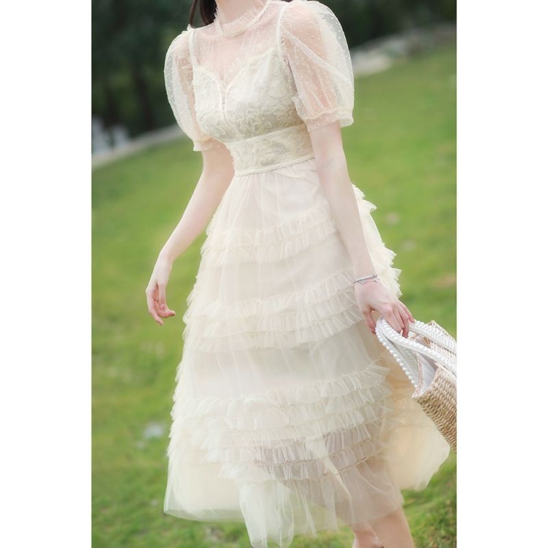 Đầm Tay Phồng Phối Lưới Thời Trang Mùa Hè 2023 Mới Cho Nữ