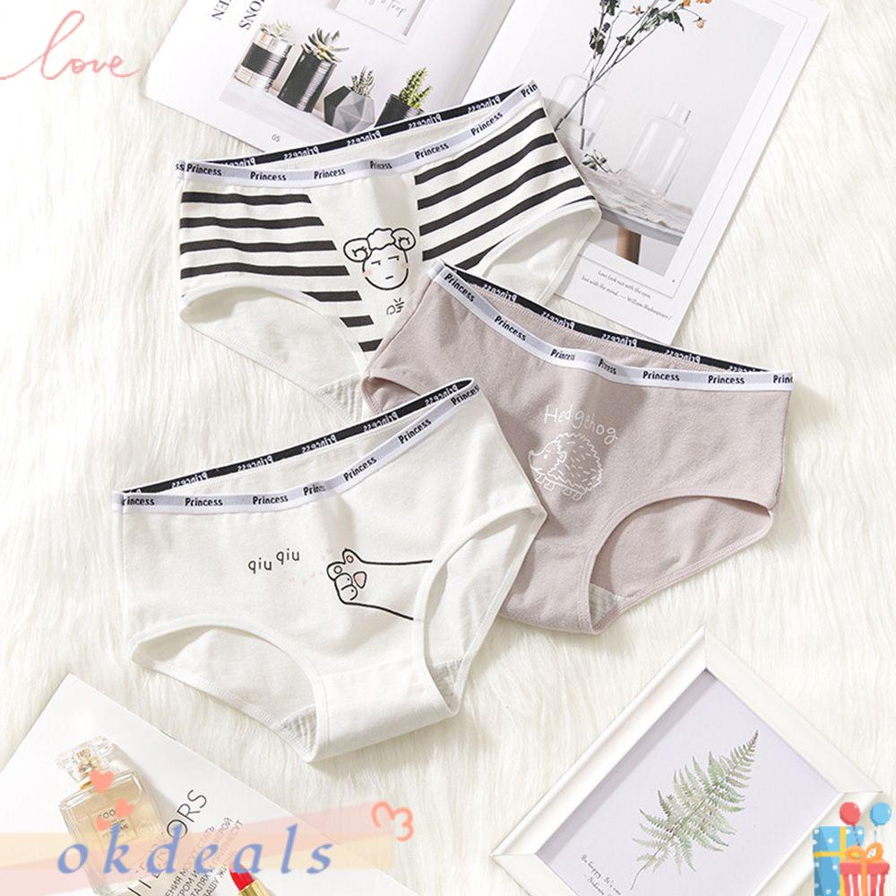 OKDEALS Quần Lót Cotton Lưng Vừa Thoáng Khí In Họa Tiết Hoạt Hình Dễ Thương Cho Nữ