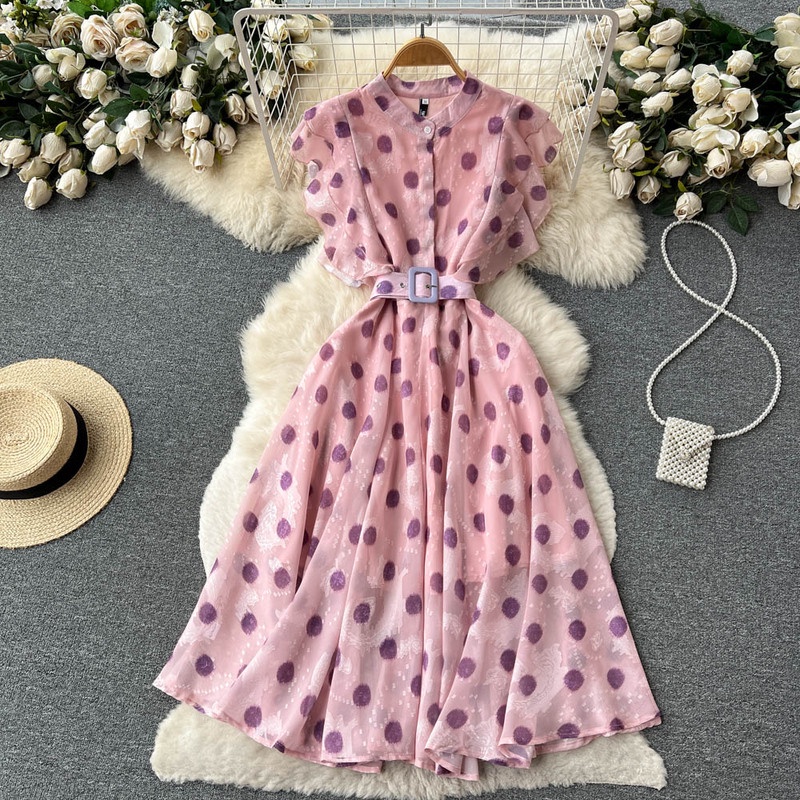 Đầm Dáng Chữ A Tay Lá Sen Họa Tiết Chấm Bi Thanh Lịch Thời Trang Mùa Hè