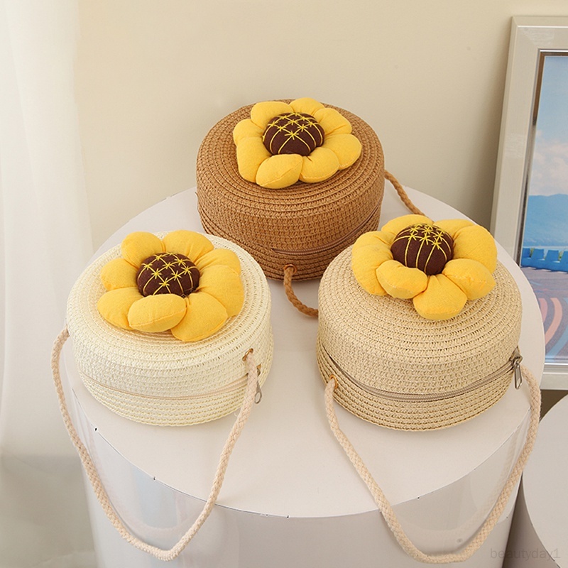 Túi Xách Đan Rơm Một Bên Vai Trọng Lượng Nhẹ Họa Tiết Hoa Thời Trang Đi Biển Mùa Hè Cho Bé Gái