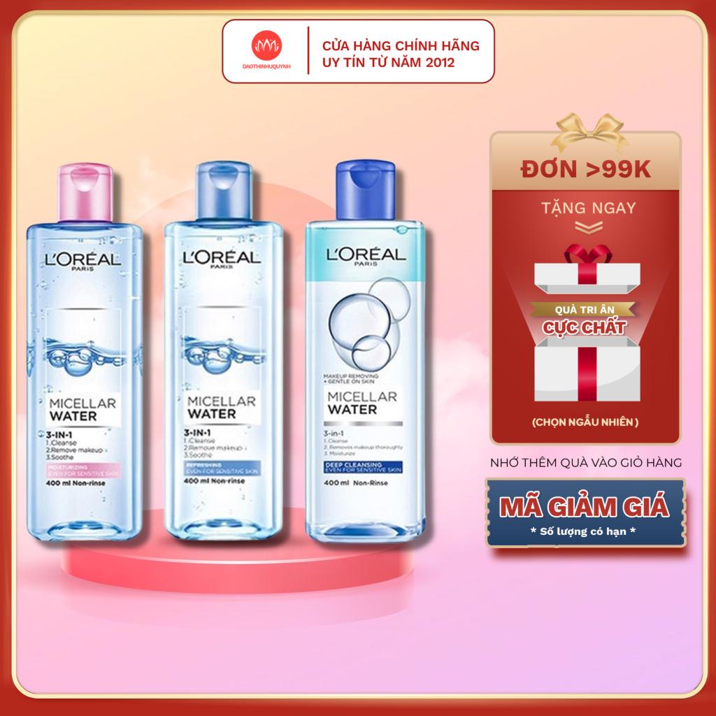 Nước Tẩy Trang Loreal 3-in-1 Micellar Water L'oreal Paris 400ml Xanh Đậm Sạch Sâu - Xanh Nhạt - Hồng Dưỡng Ẩm