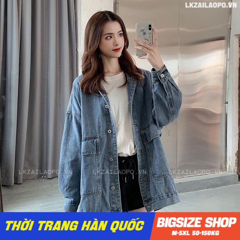 Áo khoác jean nữ Bigsize form rộng tay dài vintage mùa thu Phong cách Hàn Quốc Thời Trang cá tính xinh đẹp cho người mập béo nữ
