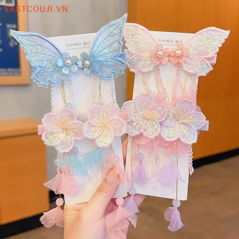 1 Cặp Kẹp Tóc Tua Rua Thêu Hoa Bướm Handmade Thời Trang Cho Nữ