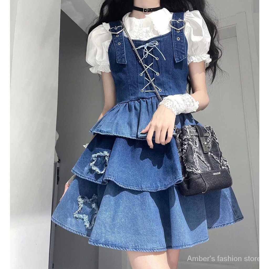 2024 Phong Cách Mới  Ngọt Ngào Cool Hot Girl Thiết Kế Bộ Đồ Denim Váy Mùa Hè Phong Cách Mới Áo Sơ Mi Tay Phồng Dây Đeo Denim Váy Chân Bao ins