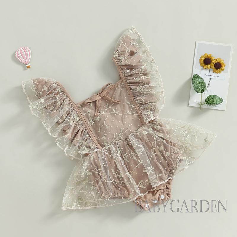 Bộ Áo Liền Quần Không Tay Phối Lưới Thêu Hoa Xinh Xắn Cho Bé Gái 0-24 Tháng Tuổi