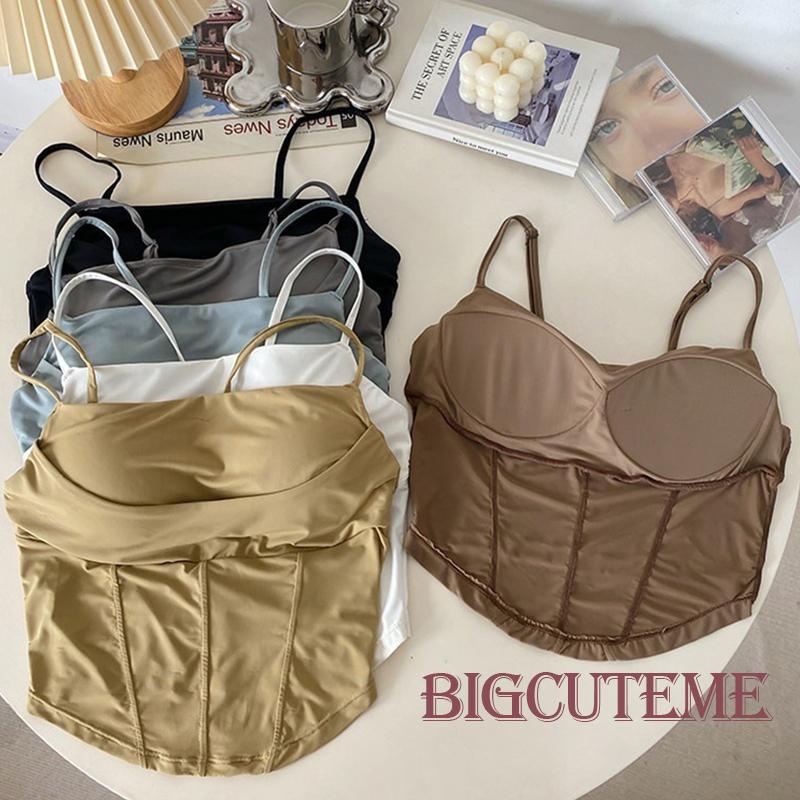 [] - Áo Croptop Không Tay Hở Lưng Có Mút Đệm Cổ Xương Cá Màu Trơn Mùa Hè Đường Phố Cho Nữ