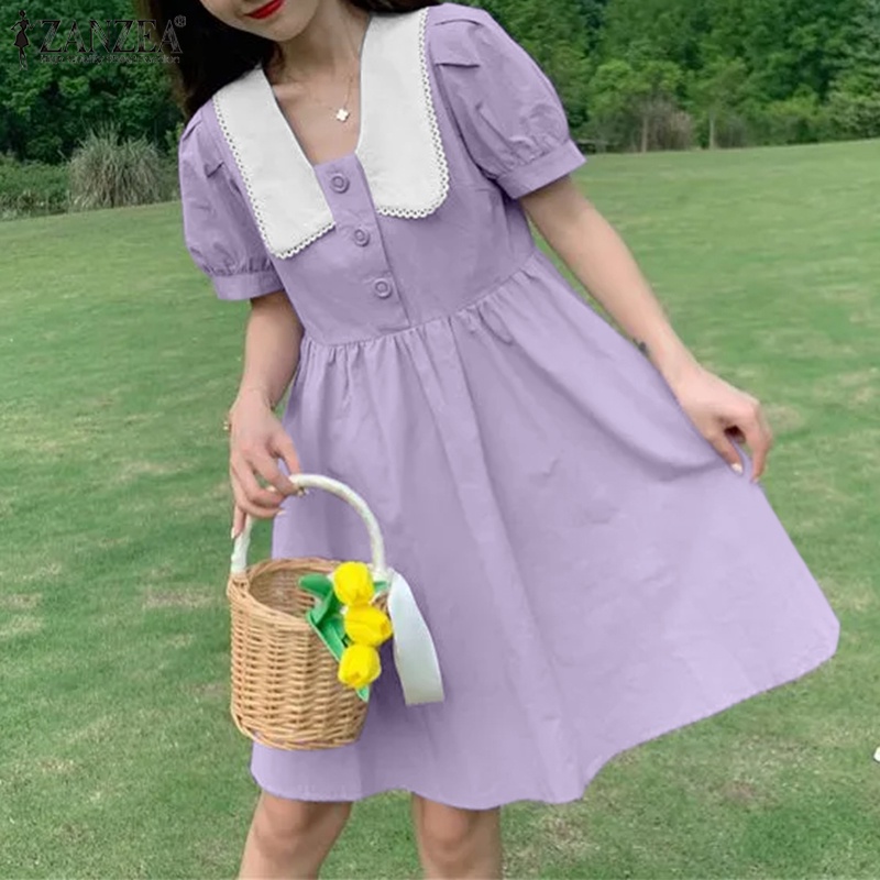 ZANZEA Đầm Mini Tay Ngắn Màu Trơn Dáng Rộng Phong Cách Hàn Quốc Thời Trang Cho Nữ