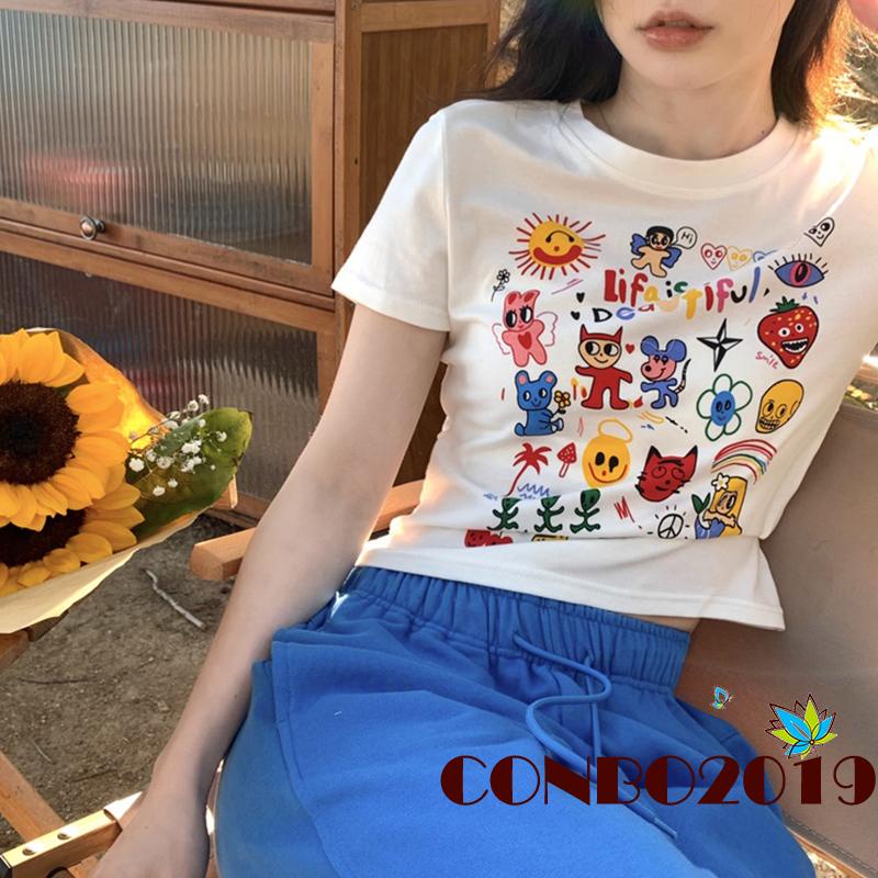 Áo Thun Tay Ngắn Cổ Tròn In Họa Tiết Hoạt Hình Phong Cách Đường Phố Cho Nữ