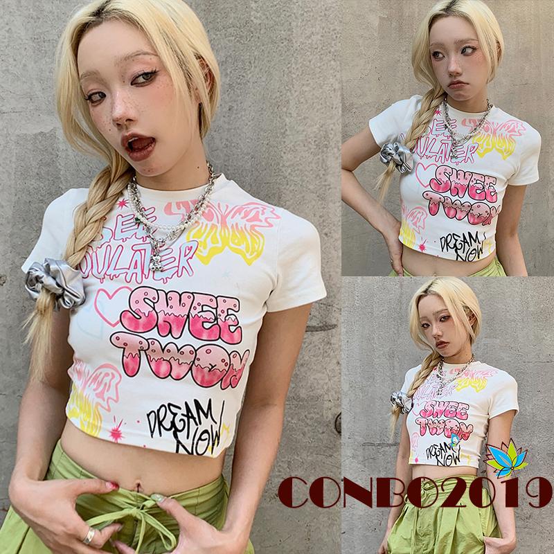 Áo Thun Crop Top Tay Ngắn Cổ Tròn In Họa Tiết Hoạt Hình Thời Trang Xuân Hè Cho Nữ