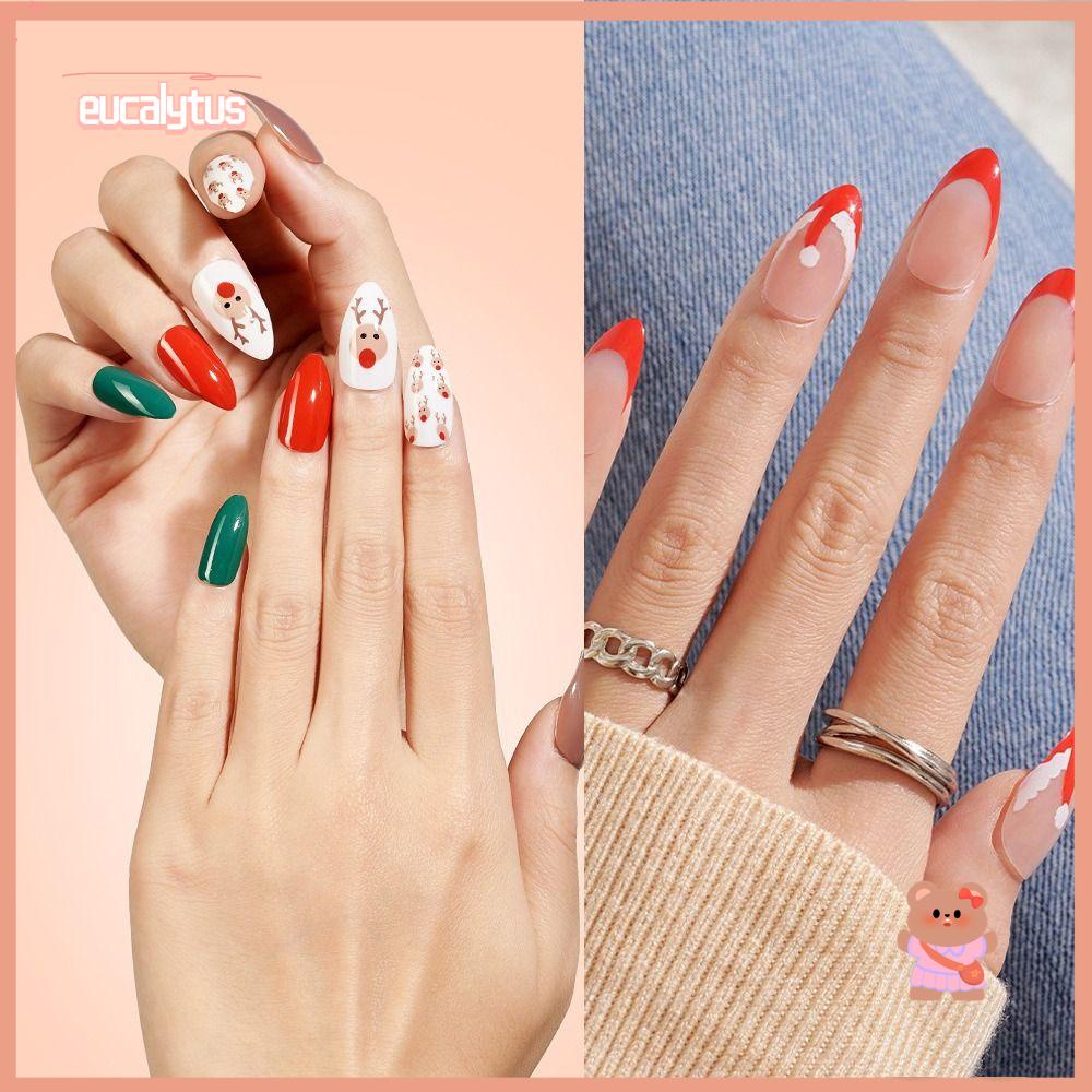EUTUS Bộ 24 Móng Tay Giả Che Phủ Toàn Diện Màu Đỏ Đính Đá Almond Ballerina Santa