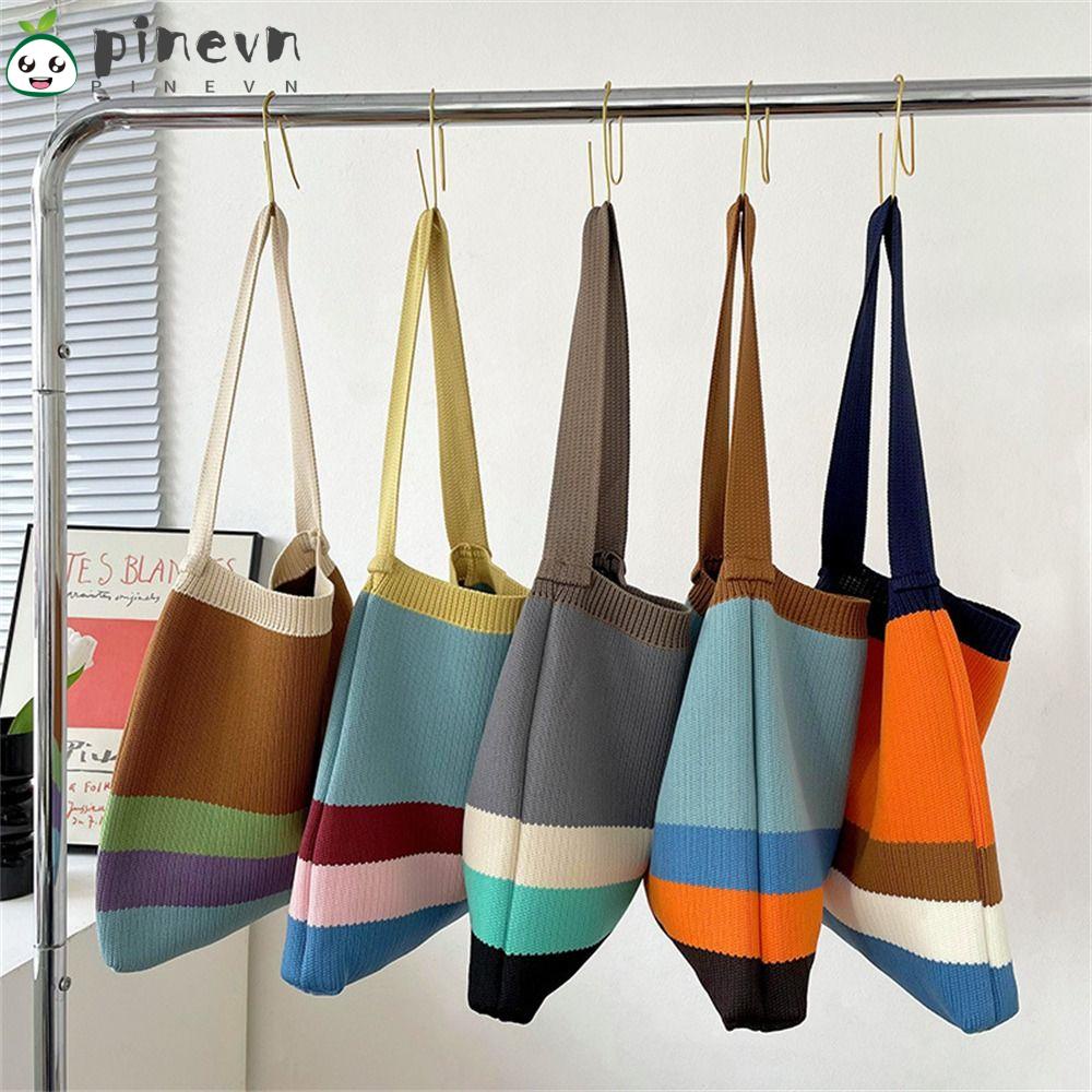 PINEVN Túi Mua Sắm Đeo Cổ Tay Họa Tiết Kẻ Sọc Có Thể Tái Sử Dụng Cho Nữ