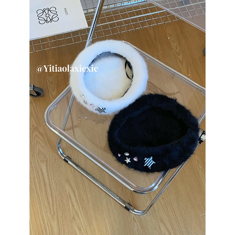 Mũ Beret Y2K Đính Ngôi Sao Nhồi Bông Màu Trắng Ngọt Ngào Thời Trang Thu Đông Cho Nữ