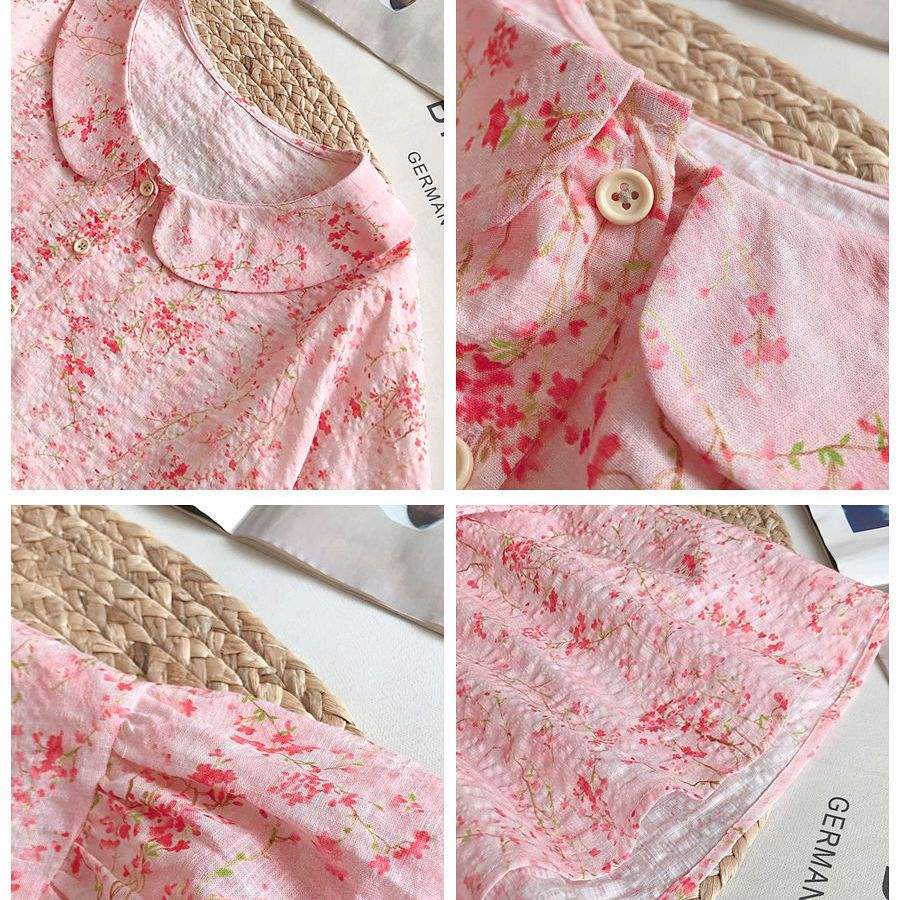 Áo Sơ Mi Vải Lanh cotton Tay Phồng Cổ Búp Bê Họa Tiết Hoa Ngọt Ngào Thời Trang Hàn Quốc