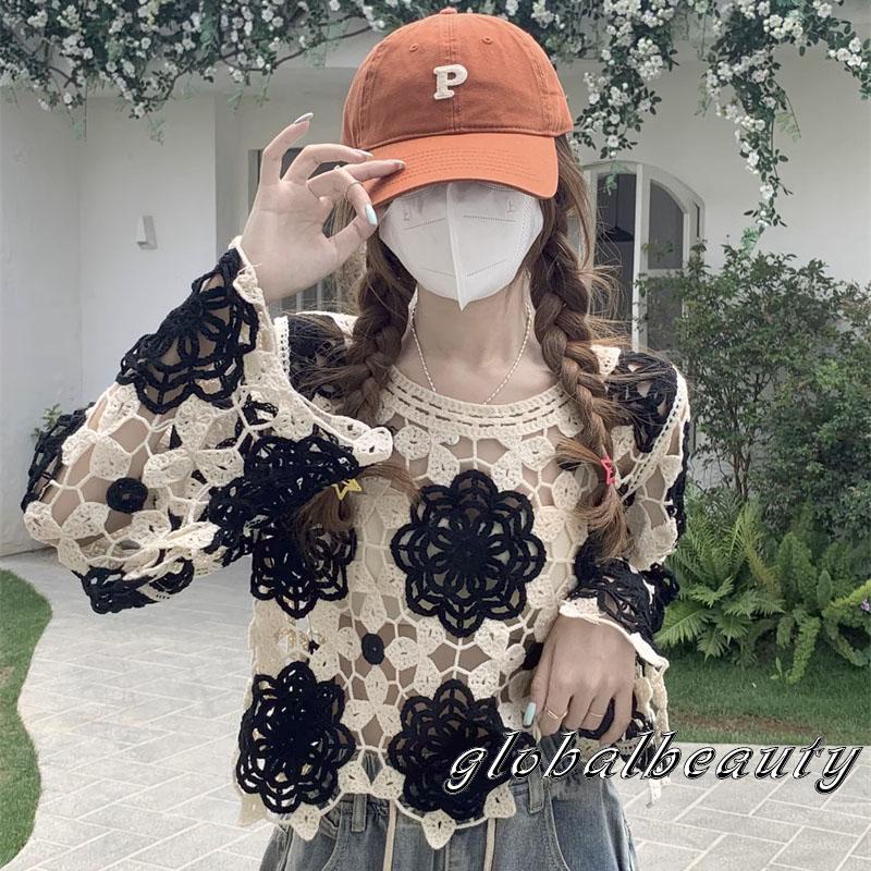 Áo Croptop Dệt Kim Tay Dài Cổ Tròn In Họa Tiết Hoa Thời Trang Xuân Hè Cho Nữ