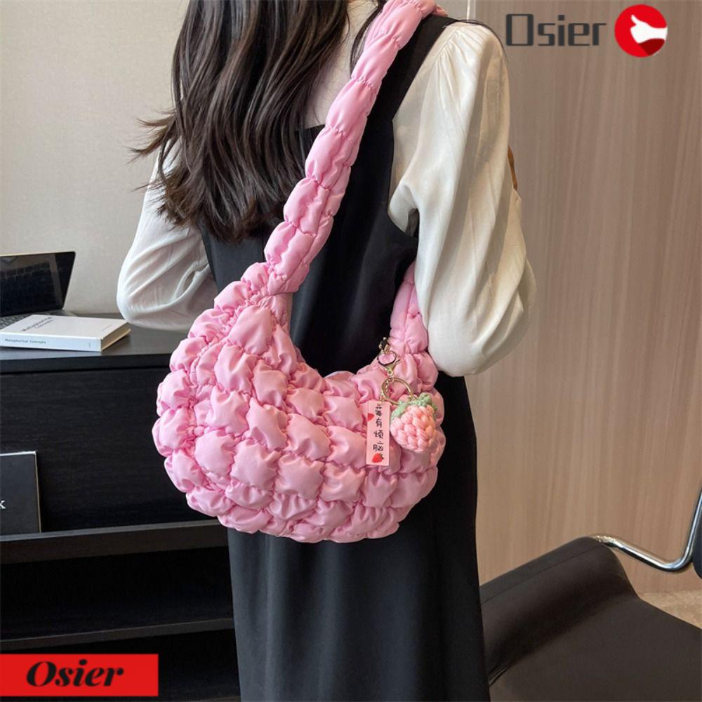 OSIER1 Túi Đeo Vai Bằng Cotton Màu Trơn Thêu Họa Tiết Sọc Caro Phong Cách Hàn Quốc Mới Cho Nữ