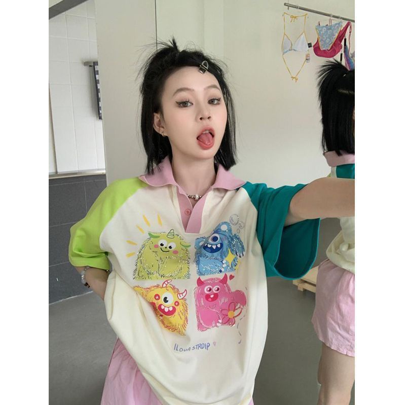 Áo Thun Raglan Tay Ngắn Màu Sắc Tương Phản Thời Trang Mùa Hè Dành Cho Nữ