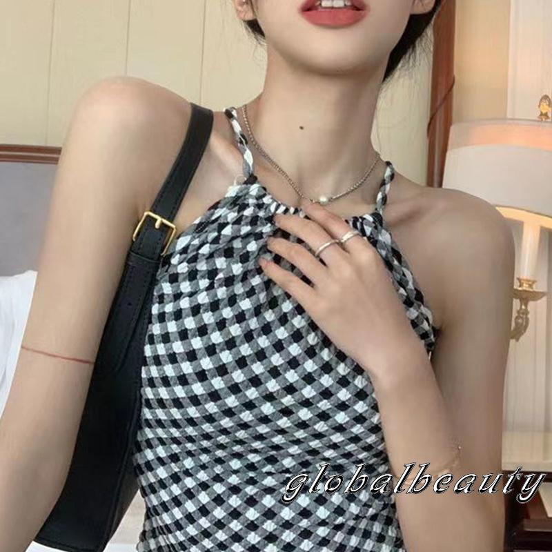 Áo Croptop Hai Dây Hở Lưng Họa Tiết Kẻ Sọc Thời Trang Mùa Hè Cho Nữ