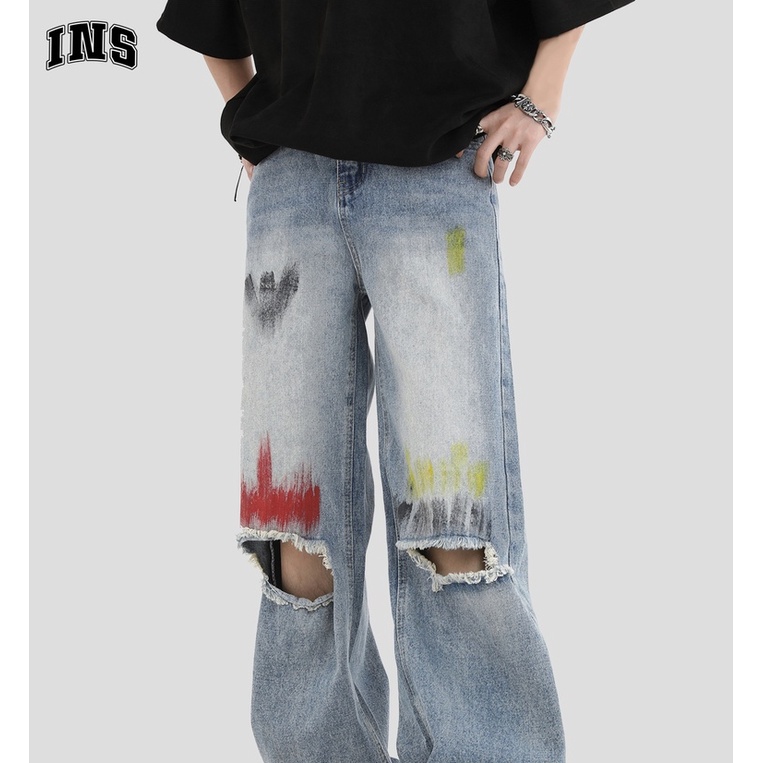 Insstudios Quần Jean Ống Rộng Thẳng Sơn Màu Vẽ Tay Phong Cách Đường Phố Mỹ Cho Cặp Đôi