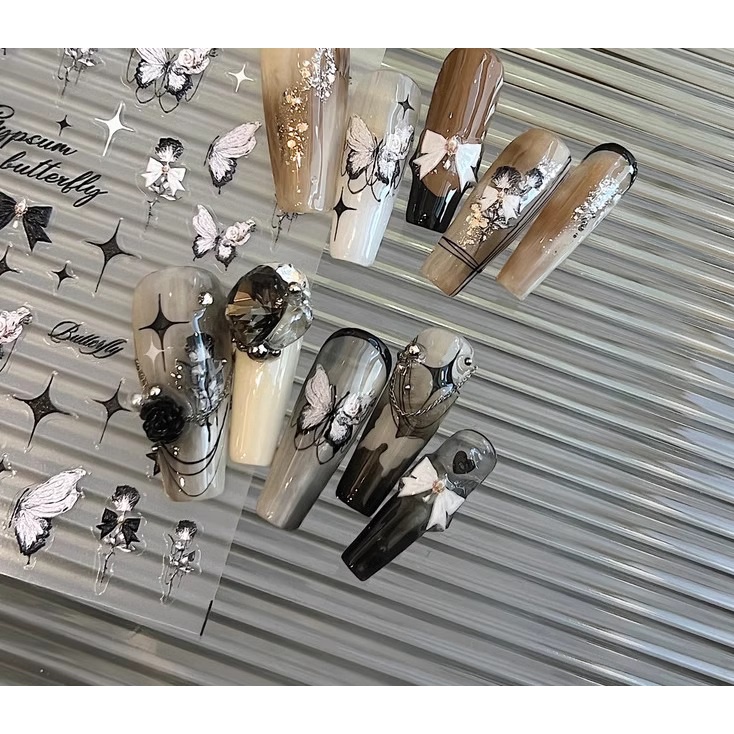 Sticker Lụa 3D Bướm Trắng Đen Sắc Nét | Hình Dán Móng Tay  XY-1035