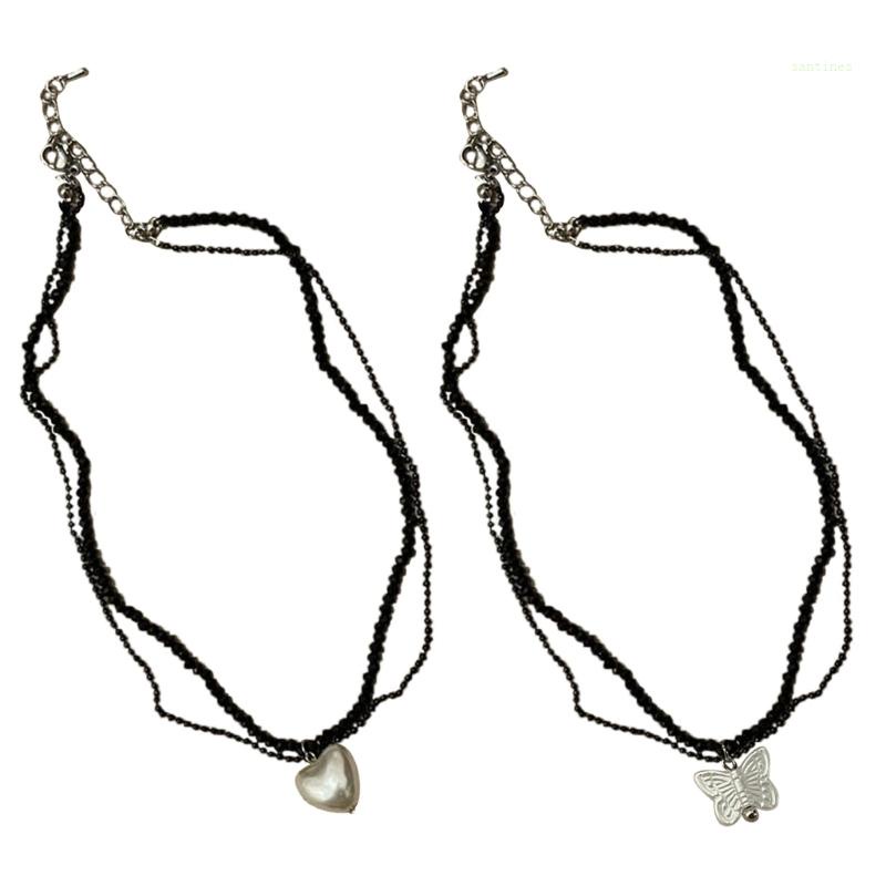 Vòng cổ Hai Lớp Mặt Hình Trái Tim / Bướm Đính Hạt Thời Trang