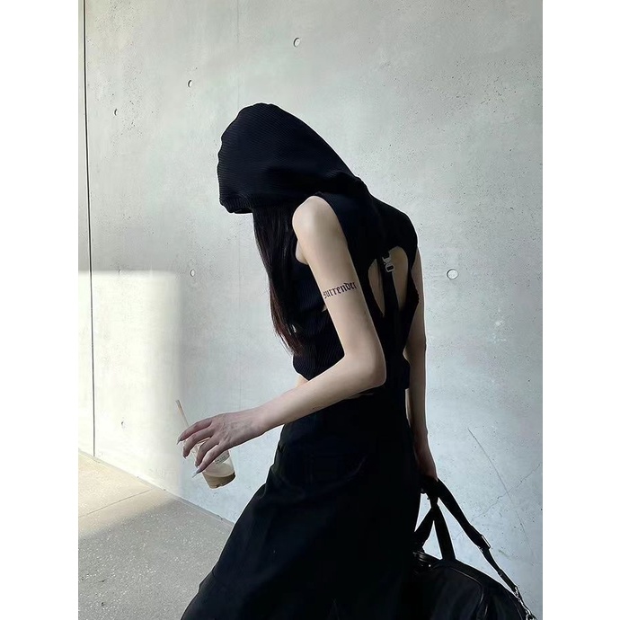 Áo Hoodie Không Tay Hở Lưng Màu Đen Thời Trang 2023 Dành Cho Nữ