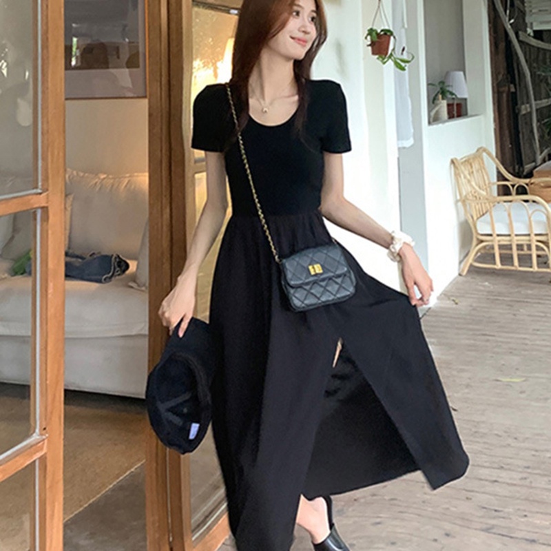 Đầm Dài Đến Đầu Gối Ôm Eo Tay Ngắn Màu Đen Xẻ Tà Thời Trang Cho Nữ