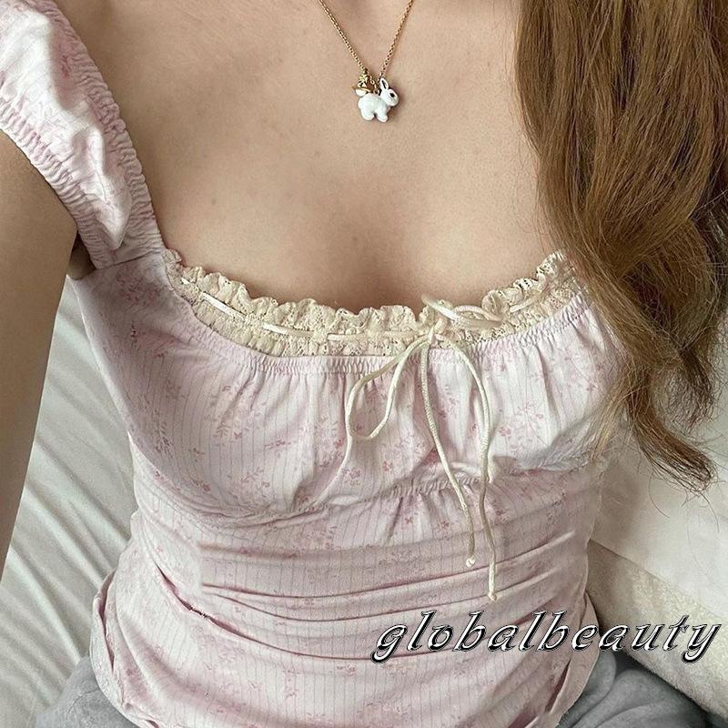 Áo Croptop Không Tay Phối Ren Họa Tiết Hoa Thời Trang Mùa Hè Cho Nữ